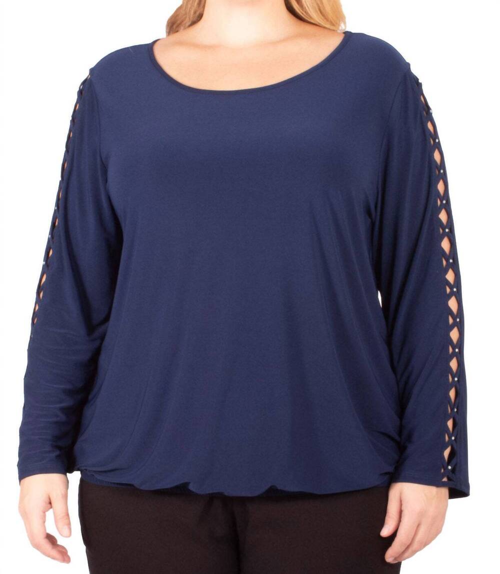 NEW NY COLLECTION women's rhinestone lattice sleeve top - plus in navy
